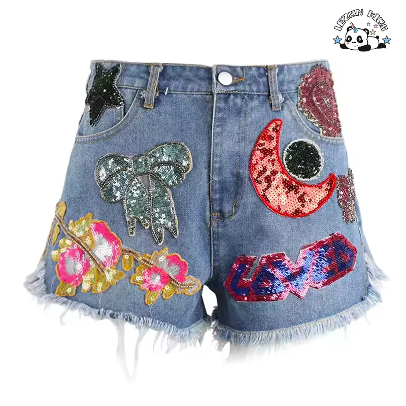LEZONKIDS - Shorts de jeans personalizados para meninas com lantejoulas, cintura elástica e remendos